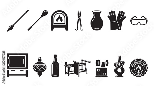 Quadro su tela Glassblowing equipment and artisan workshop icons, 14 black vector silhouettes o
