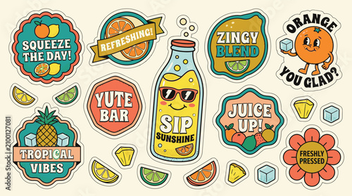 Tableau sur toile Retro vintage juice and fruit sticker collection with anthropomorphic orange, bottled beverage, pineapple, and citrus slices featuring 1970s cartoon style, halftone textures, and summer slogans