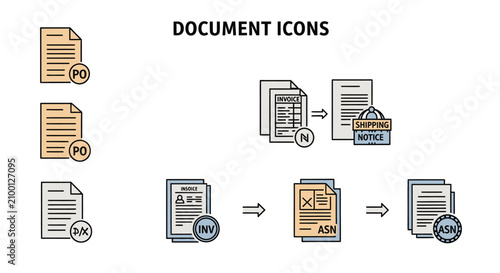 Cuadro en lienzo Set of business document icons featuring PO, Invoice, and ASN workflow diagrams