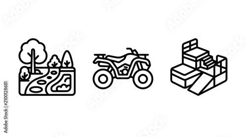 Outdoor recreation and adventure activities line icon set featuring terrain and equipment recreation adventure climbing landscape transport training obstacle graphics movement exercise