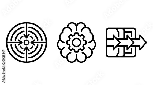 Set of three linear icons representing business strategy cognitive processing workflow progression with strategy workflow business innovation development thinking planning management technical