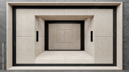 Geometric recursive nested rectangular empty space with textured beige and black panels shows modern minimalist abstract architectural illusion design