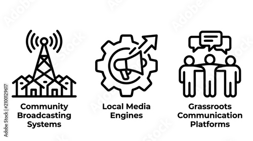 Community broadcasting systems local media engines grassroots communication platforms icons with broadcast technology flat design icon set community broadcasting grassroots communication