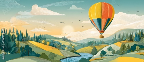 Hot Air Balloon Adventure Over Scenic River Valley Landscape.