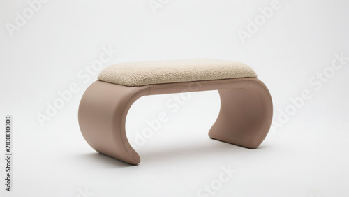 Modern Curved Bench With Plush Boucle Seat In A Neutral Beige And Taupe Color Palette