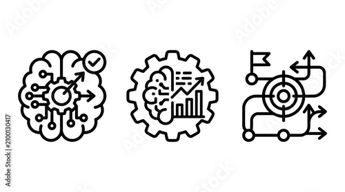 Set of AI and strategy icons representing brain processes and business goal planning with artificial intelligence strategy planning business innovation technology development optimization