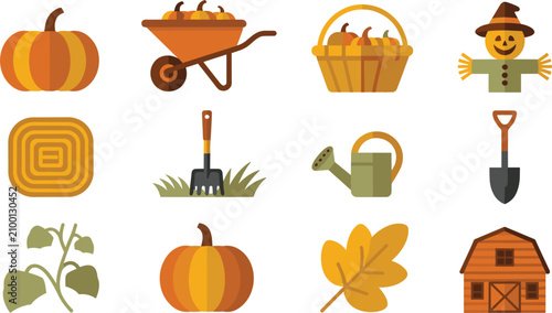 Tableau sur toile Set of autumn harvest and farm themed featuring pumpkins, a wheelbarrow, a baske
