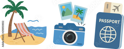 Vacation and Travel Icon Set with Beach, Camera and Passport