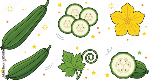 Billede på lærred Fresh Green Cucumber Collection Featuring Whole Vegetables, Sliced Cucumbers, Le