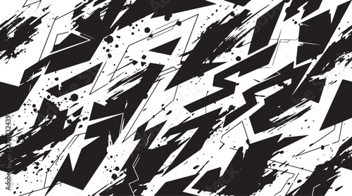Dynamic black and white geometric racing pattern with grunge texture