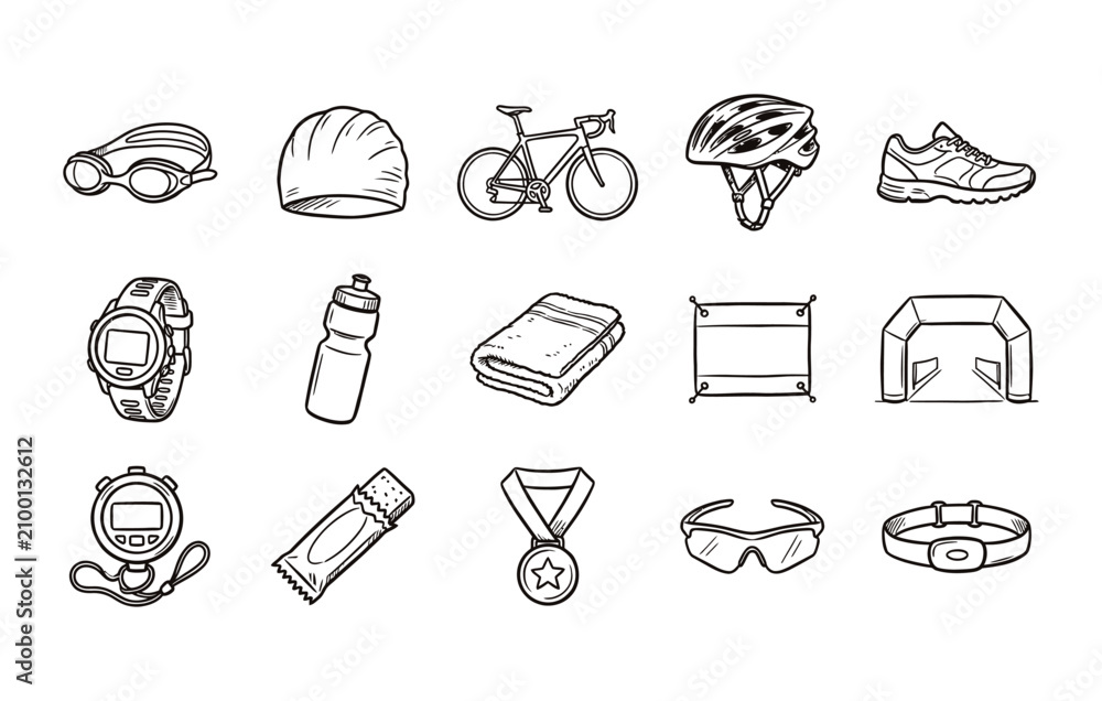 Fototapeta premium Triathlon race icon set with multi sport endurance athlete gear
