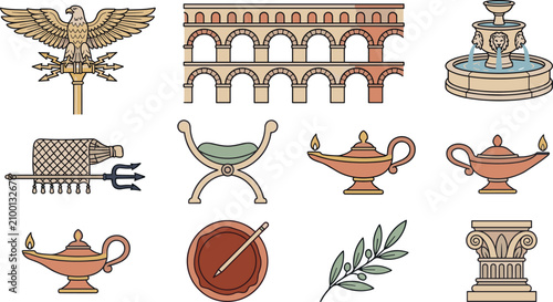 фотографія Ancient Roman Civilization Elements Collection Featuring Aqueduct, Eagle Standar
