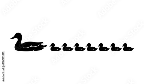 Konstfotografi Mother Duck with Ducklings Swimming Black Silhouette Vector EPS