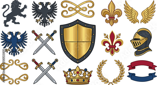 Fotografía Medieval Heraldic Symbols Collection Featuring Royal Shields, Crowns, Swords, Ea