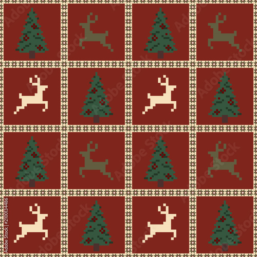 Seamless pixel art Christmas pattern featuring reindeer silhouettes and decorated pine trees in red patchwork squares. Perfect for wallpaper, wrapping paper, backgrounds, fabric patterns