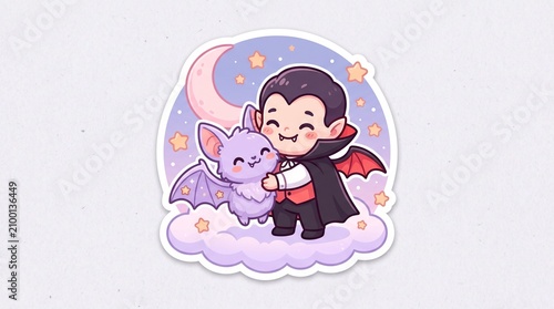 Cute Baby Dracula Hugging Smiling Pastel Lavender Bat Kawaii Halloween Sticker Vector