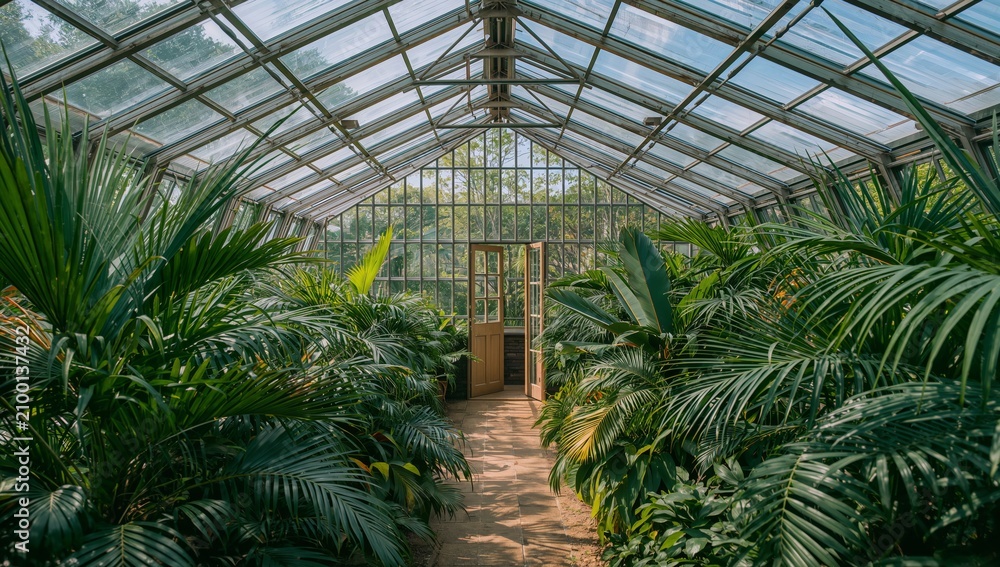 Obraz premium Lush green plants inside a glass greenhouse with a wooden door, sunlight streaming through the transparent roof, creating a vibrant indoor garden atmosphere