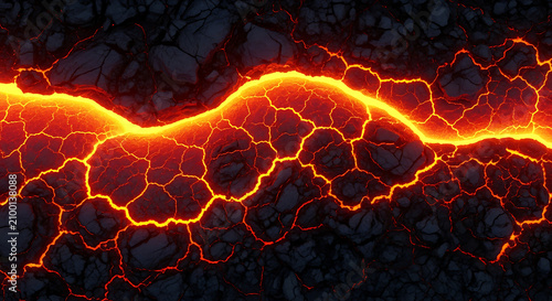 Abstract background featuring glowing hot lava cracks flowing through dark volcanic rock texture.