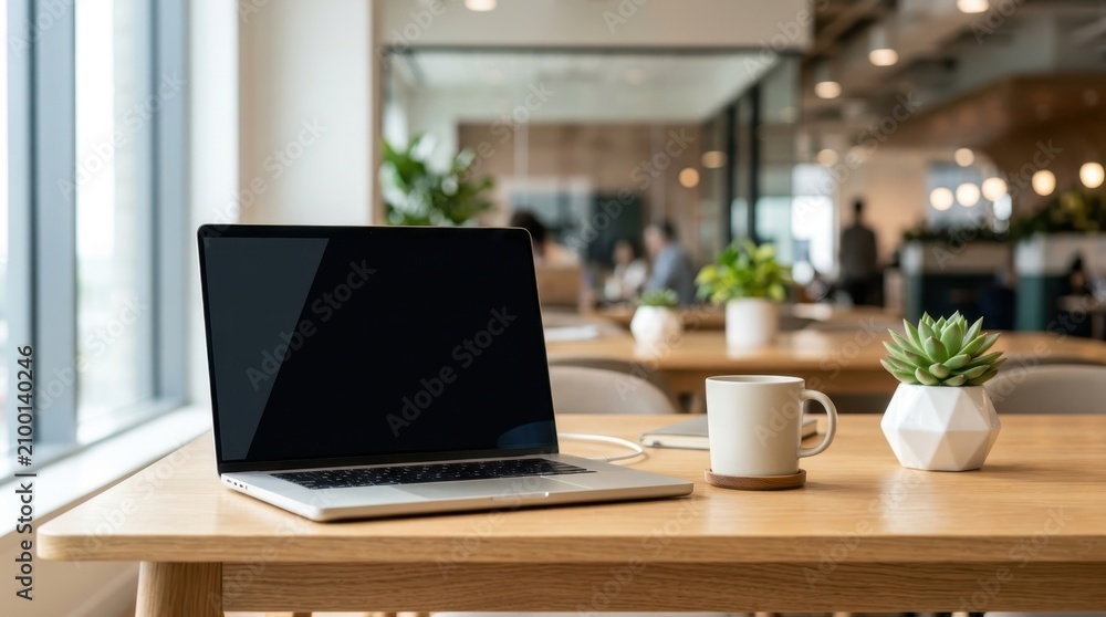 Fototapeta premium Laptop computer with blank screen on wooden office desk with coffee mug