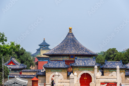 A layered architectural view of the Temple of Heaven complex in Beijing, China.
