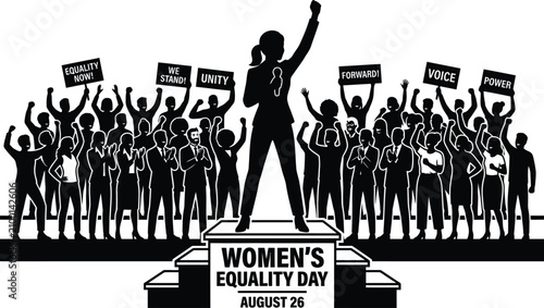 Quadro su tela Women equality day demonstration scene with woman giving speech and crowd holdin