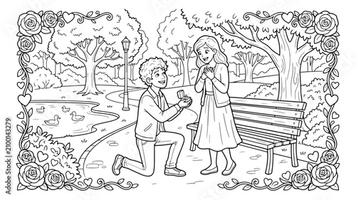 Tableau sur toile Romantic marriage proposal coloring page, man proposing to woman in park vector,