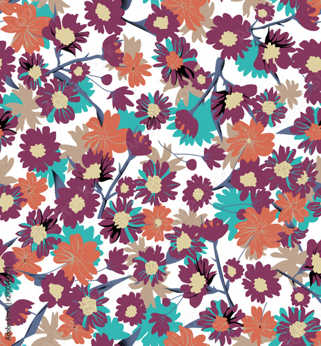 Vászonkép Floral block abstract, a solid modern small flower motifs, arrangement with quad colours, all-over textile design with magenta, orange, yellow, and Tosca tone colour, on a solid white background