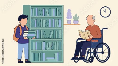 Student holding books and senior man in wheelchair reading in a library