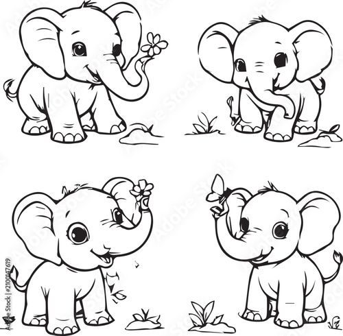 Cute baby elephant coloring page set, 4 cartoon elephant characters with flowers and butterfly, black and white line art vector for kids activity