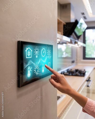 Hand touching glowing smart home control panel