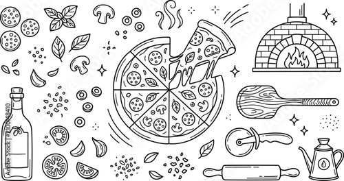 Bild auf Leinwand Hand Drawn Pizza Making Doodle Vector Set with Brick Oven, Ingredients, Olive Oi