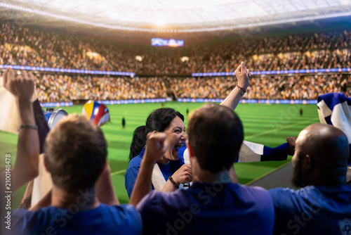 Εκτύπωση καμβά Woman on football stadium chanting in megaphone, energizing players on pitch