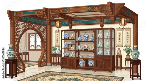 Fotografie Antique Chinese Porcelain Collection in Traditional Wooden Display Cabinet