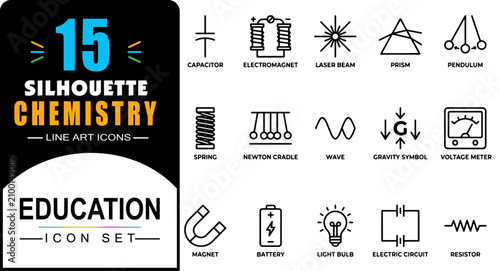 Schilderij op canvas 15 silhouette chemistry line art icons, physics and science education icon set,