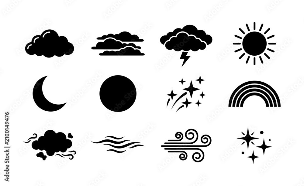 Obraz premium Weather and meteorological forecast line icons set, climate forecast symbol, weather event representation, meteorological phenomena icon, seasonal element sign.