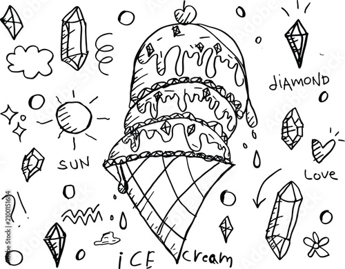 Ice cream icon, Doodle cute kids elements. Hand drawn preschool kindergarten doodle icons set.