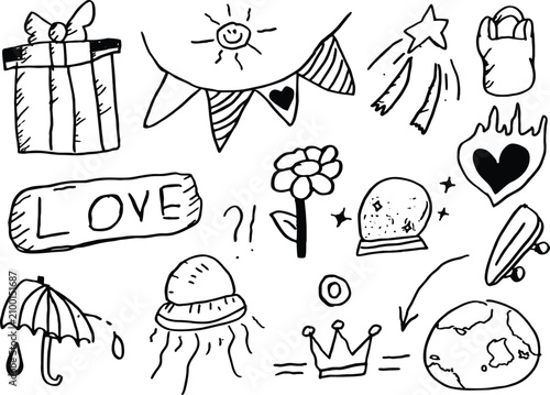 Doodle cute kids elements. Hand drawn preschool kindergarten doodle icons set.