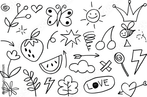 Doodle cute kids elements. Hand drawn preschool kindergarten doodle icons set.