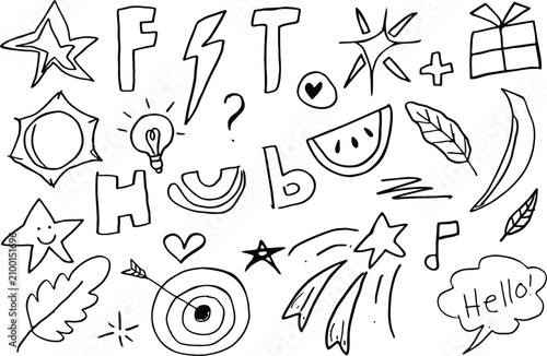 Doodle cute kids elements. Hand drawn preschool kindergarten doodle icons set.