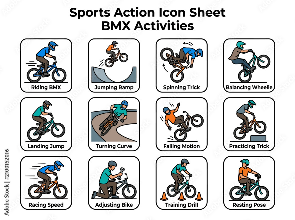 Obraz premium Icon sheet showcasing twelve distinct BMX bike activities and postures in rounded square frames