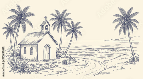 Konstfotografi A serene Hand-drawn sketch of a church surrounded by palm trees on a tropical beach