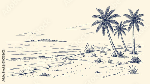 Foto A serene Hand-drawn sketch of palm trees on a tropical beach by the ocean
