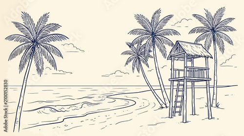 Canvastavla A serene Hand-drawn sketch of a tropical beach hut surrounded by palm trees