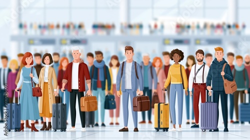 Diverse group of travelers with luggage in a busy airport terminal
