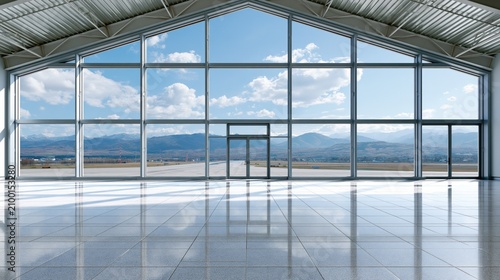 Modern airport terminal with large glass windows overlooking the tarmac and mountains