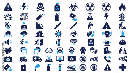 Schilderij op canvas Collection of various safety and warning icons in dark blue