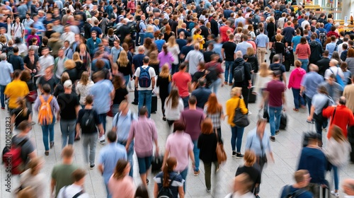 Busy airport terminal with a large crowd of people moving in motion blur
