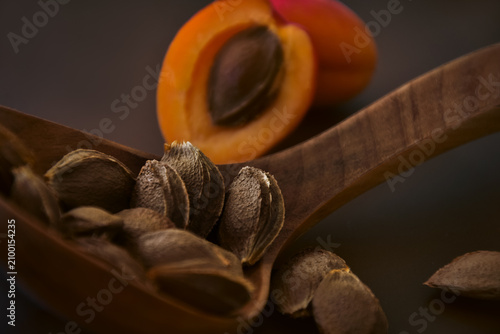 Tableau sur toile Wooden ladle with apricot kernels closeup