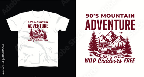 90s mountain adventure wild outdoors free, a vintage jeep t-shirt design with mountains and forest.