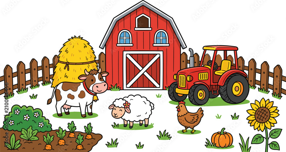 Fototapeta premium Cute Cartoon Farm Scene with Red Barn Tractor and Animals Including Cow Sheep Chicken for Kids Educational Books and Preschool Wall Art Vector